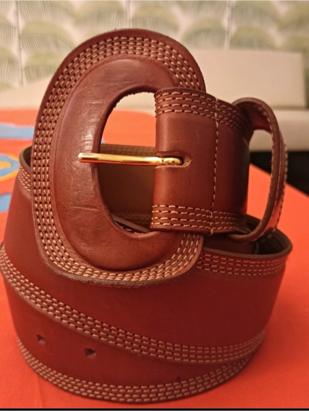 Sezane Brown Leather Belt with Gold Buckle T90